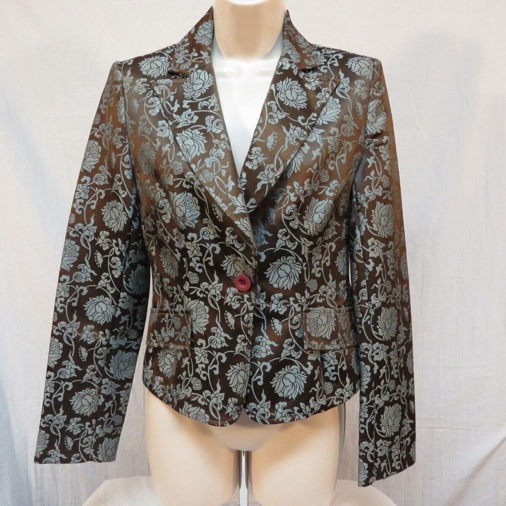 Windsor Floral Brocade Jacket Blazer Fitted Office Brown Blue USA Size S